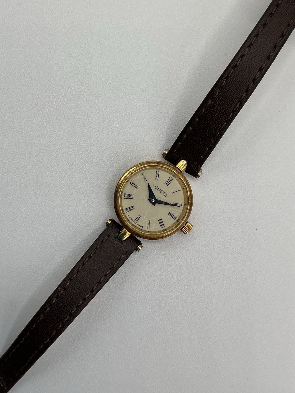Gucci Gold-Tone Case Cream Rare Spider Dial Brown Leather Strap Women’s Watch